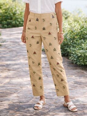 Embroidered Cotton Chino Pants Straight Leg Novelty Resort Print Palm Tree 10